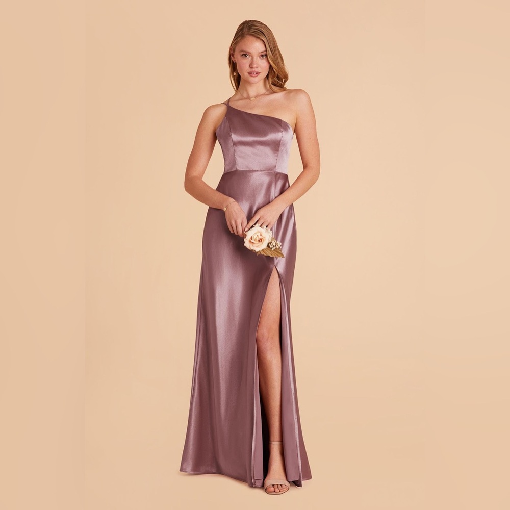 Birdy Grey Kensie Dress One-Shoulder Shiny Satin Gown in Dark Mauve Pink Sparkle